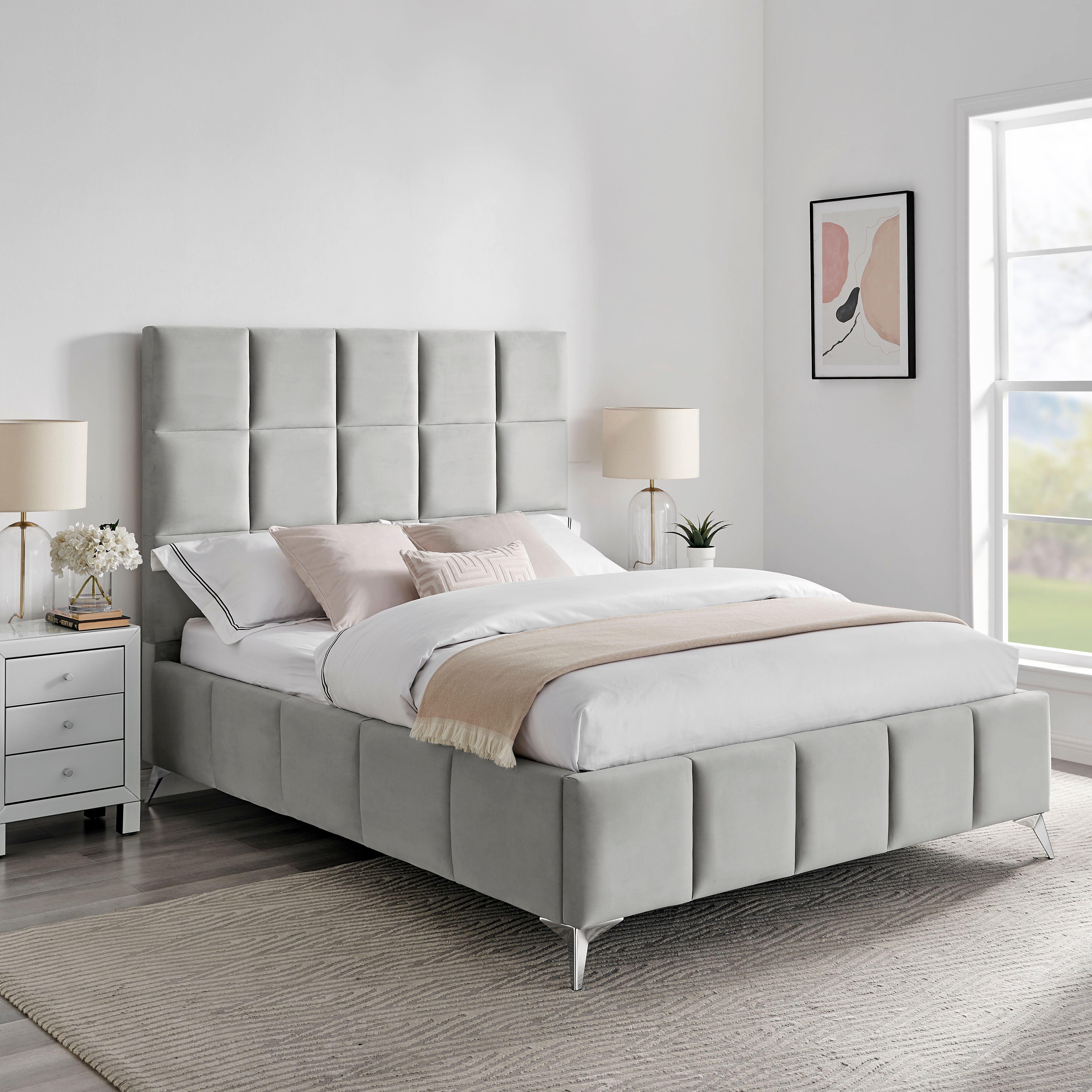 Imogen Light Grey Velvet Bed Frame Ottoman Storage Gas Lift Square Panel Design